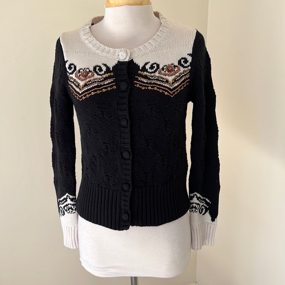 Odd Molly XS black/ cream knitted cardigan sweater with beads and sequins.
